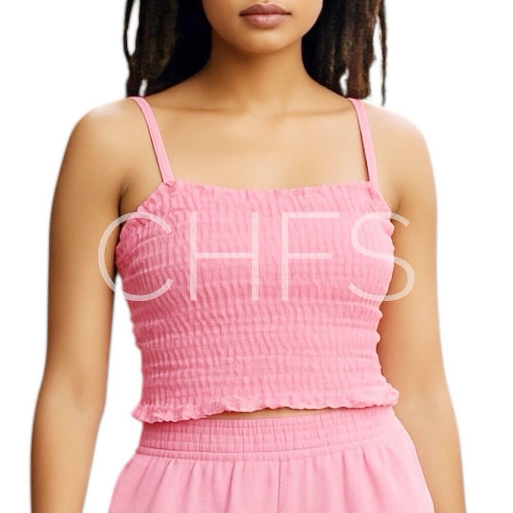 BIBI Crop Top Pink Smocked Adjustable Straps Womens Size Medium Girlie Cute
